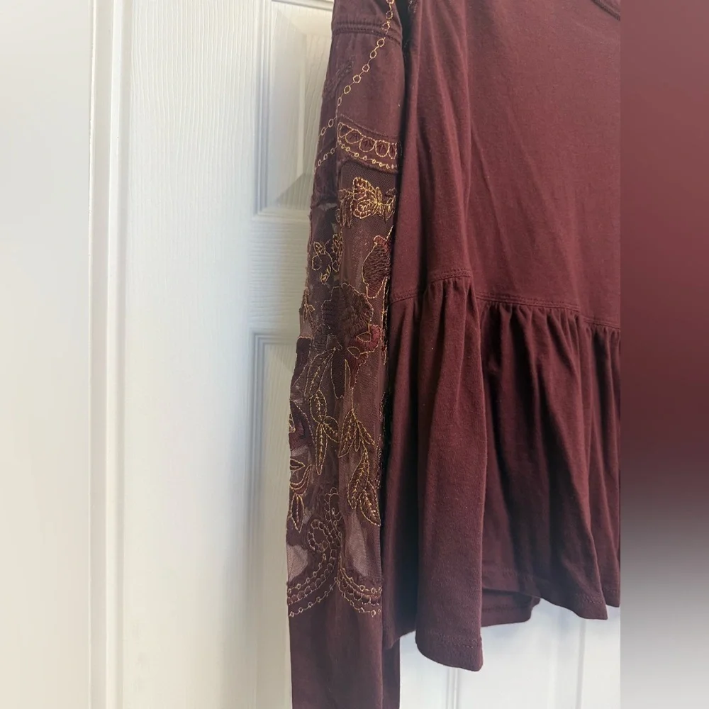 Free People Red Wine Embroidered Penny Tee Mesh Balloon Sleeve Top Size S